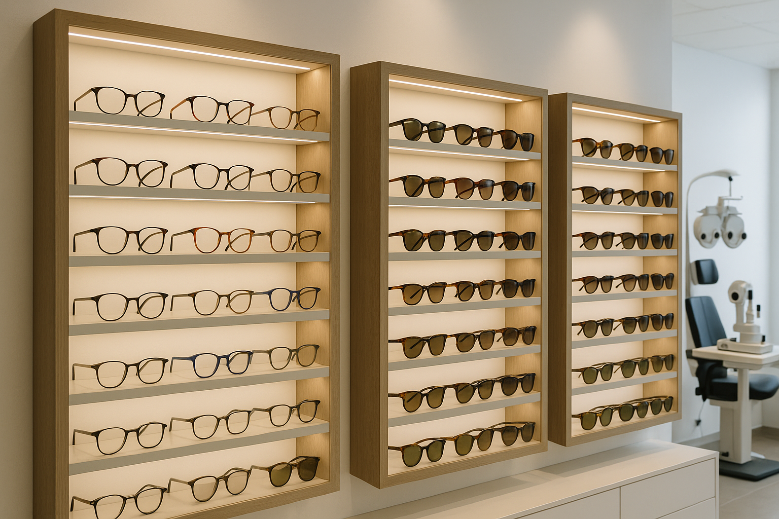 Genera una imagen de una EXHIBICION de Monturas de lentes de vista y de sol, en una optica